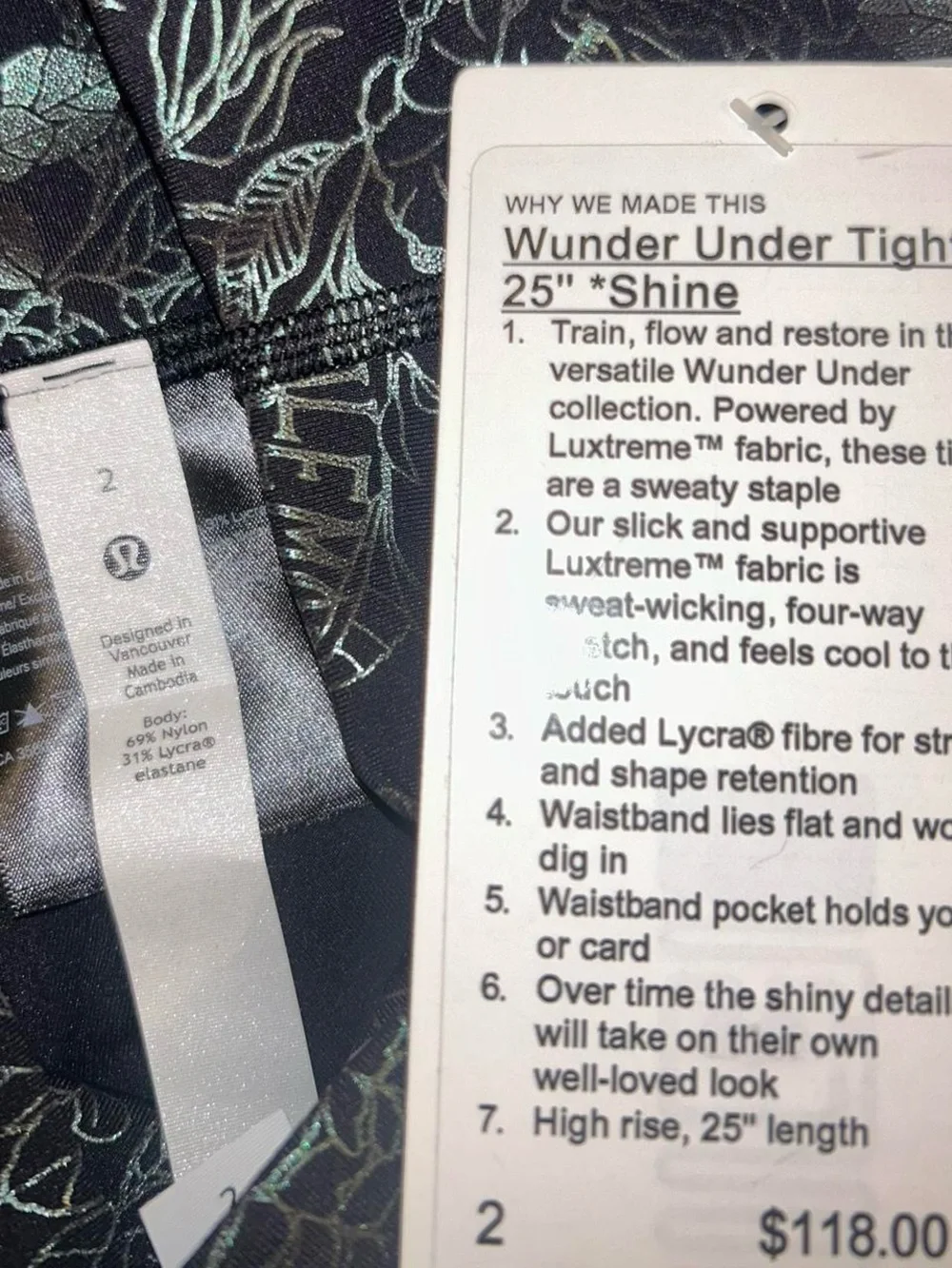 Lululemon Black & Silver Floral Wunder Train Leggings